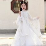 White Warring States Period Hanfu for Girls, Cross-Collar Style, Chinese Style, Fairy-like, Wide-Sleeved, Flowing Skirt, Long Hanfu for Little Girls