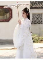 White Warring States Period Hanfu for Girls, Cross-Collar Style, Chinese Style, Fairy-like, Wide-Sleeved, Flowing Skirt, Long Hanfu for Little Girls - Image 6