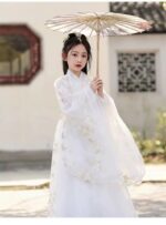 White Warring States Period Hanfu for Girls, Cross-Collar Style, Chinese Style, Fairy-like, Wide-Sleeved, Flowing Skirt, Long Hanfu for Little Girls - Image 5