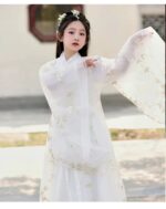 White Warring States Period Hanfu for Girls, Cross-Collar Style, Chinese Style, Fairy-like, Wide-Sleeved, Flowing Skirt, Long Hanfu for Little Girls - Image 4