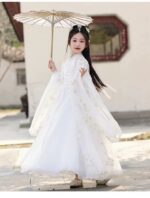 White Warring States Period Hanfu for Girls, Cross-Collar Style, Chinese Style, Fairy-like, Wide-Sleeved, Flowing Skirt, Long Hanfu for Little Girls - Image 3