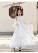White Warring States Period Hanfu for Girls, Cross-Collar Style, Chinese Style, Fairy-like, Wide-Sleeved, Flowing Skirt, Long Hanfu for Little Girls - Image 2