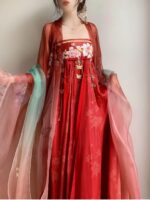 Plus-size (200 lbs) women's Tang-style embroidered high-waisted wide-sleeved Hanfu dress, elegant and slimming for spring and summer.